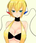  blonde_hair blue_eyes breasts choker gym_leader halterneck han_(jackpot) headphones huge_breasts kamitsure_(pokemon) pokemon pokemon_(game) pokemon_bw short_hair solo strapless tubetop 