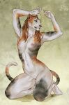 2026 absurd_res ama_dench_art anthro areola arm_tuft athletic athletic_anthro athletic_female blue_eyes breasts brown_hair calico_cat claws digital_media_(artwork) domestic_cat elbow_tuft felid feline felis female finger_claws fur genitals hair hi_res inner_ear_fluff khajiit kneeling looking_at_viewer mammal microsoft multicolored_body multicolored_fur nipples nude nude_anthro nude_female signature simple_background solo tail textured_background the_elder_scrolls tuft vulva whisker_spots whiskers