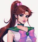  1girl absurdres artist_name bishoujo_senshi_sailor_moon blush bow bowtie breasts brown_hair choker circlet closed_mouth collarbone commentary commission crescentkitten curtained_hair earrings english_commentary eyelashes eyeliner green_choker green_eyes green_sailor_collar high_ponytail highres jewelry lips long_hair looking_to_the_side makeup medium_breasts nose pink_bow pink_bowtie pink_eyeliner ponytail sailor_collar sailor_jupiter sailor_senshi_uniform shirt sidelocks simple_background sleeveless sleeveless_shirt solo stud_earrings twitter_username upper_body white_background white_shirt 