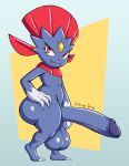 :3 anthro artist_name balls big_balls big_penis biped butt claws colored cute_fangs digital_media_(artwork) fangs forehead_gem full-length_portrait gem generation_4_pokemon genitals geometric_background glans half-erect hand_on_hip hand_on_own_hip hi_res huge_balls huge_penis humanoid_genitalia humanoid_penis keyboard-draws looking_at_viewer male male_anthro nintendo penis plantigrade pokemon pokemon_(species) portrait pose red_eyes shaded side_butt side_view simple_background solo teeth text toe_claws weavile