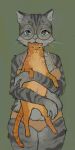 :< ambiguous_feral ambiguous_gender anthro big_glasses biped bra clothing colored digital_media_(artwork) digital_painting_(artwork) domestic_cat domestic_pet eyebrow_whiskers eyewear felid feline felis female female_anthro feral fur furries_with_pets glasses green_background grey_body grey_fur holding_partner larger_anthro larger_female looking_at_viewer mammal monotone_background morbiddevotion orange_body orange_fur painting_(artwork) panties paws quadruped round_glasses simple_background size_difference smaller_ambiguous smaller_feral tail underwear wearing_glasses whiskers