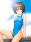  arm_support asics bangs black_hair bob_cut brown_eyes cloud competition_swimsuit covered_nipples day eyeshadow flat_chest highleg highleg_swimsuit highres makeup one-piece_swimsuit original outdoors samejima_minoru short_hair sitting skin_tight sky smile solo swimsuit 