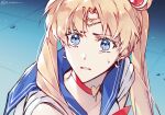 1girl bishoujo_senshi_sailor_moon blonde_hair blue_eyes blue_sailor_collar choker circlet commentary_request crescent crescent_earrings derivative_work double_bun earrings h_sueun hair_bun heart heart_choker jewelry korean_commentary long_hair meme portrait red_choker sailor_collar sailor_moon sailor_moon_redraw_challenge_(meme) screenshot_redraw signature solo sweatdrop tsukino_usagi twintails 