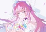  1girl 79nusr amphoreus_(honkai:_star_rail) breasts bridal_veil cyrene_(demiurge)_(honkai:_star_rail) cyrene_(honkai:_star_rail) diamond-shaped_pupils diamond_(shape) earrings flower hair_flower hair_ornament halo highres honkai:_star_rail honkai_(series) jewelry large_breasts long_hair looking_at_viewer mobius_strip multicolored_hair pink_hair planet_earrings pointy_ears purple_eyes revision simple_background single_hair_intake smile solo symbol-shaped_pupils two-tone_hair veil very_long_hair white_background white_hair 