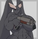 abs absurd_res amadchief anthro areola big_breasts big_muscles biped breasts eyelashes female fingers generation_4_pokemon glistening glistening_body gun hi_res holding_gun holding_object holding_ranged_weapon holding_weapon huge_breasts huge_muscles lopunny muscular muscular_anthro muscular_female nintendo nipples nude nude_female pokemon pokemon_(species) pupils ranged_weapon scar solo weapon