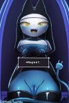 2026 2:3 5_fingers anthro biped black_clothing black_legwear black_thigh_highs blue_body blue_fur blue_tail breasts clothed clothed_anthro clothed_female clothing clothing_lift cord_tail darkner deltarune digital_drawing_(artwork) digital_media_(artwork) english_text eyelashes fangs felid feline female female_anthro fingers fur genitals glistening glistening_breasts glistening_eyes glistening_genitalia glistening_vulva legwear looking_at_viewer lumineko machine mammal medium_breasts nun nun_habit nun_outfit open_mouth open_smile presenting presenting_vulva religious_clothing robot robot_anthro smile solo standing tail tasque tasque_manager tasque_manager_(nun) teeth text text_box thigh_highs tongue under_boob undertale_(series) url vulva white_clothing white_face yellow_eyes yellow_tongue