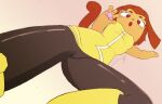2026 black_bottomwear black_clothing black_pants bottomwear brown_body brown_fur clothing colored exquisiter felid feline female fur gameoverse glitch_productions hi_res jumping kick kit_bodega mammal pants perspective solo tail yellow_clothing