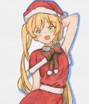  1girl :d absurdres alternate_costume armpits blonde_hair capelet chest_bow chinese_commentary christmas commentary_request dress fur-trimmed_capelet fur_trim green_eyes hat highres long_hair looking_at_viewer mahou_shoujo_no_majo_saiban open_mouth red_capelet red_dress santa_costume santa_dress santa_hat simple_background sleeveless sleeveless_dress smile solo superbigneet tono_hanna twintails two-tone_bow upper_body white_background 