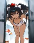  1girl :d asakura_maru autumn_leaves bent_over black_hair black_wings breasts camera camisole commentary_request cowboy_shot hand_on_own_knee hat highres holding holding_camera leaf looking_at_viewer maple_leaf medium_breasts panties pom_pom_(clothes) red_eyes red_hat shameimaru_aya short_hair side-tie_panties smile solo spaghetti_strap thighs tokin_hat touhou underwear white_camisole white_panties wings 