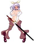  aoshima blush bow bracelet breasts choker covering covering_crotch crescent elbow_gloves embarrassed gloves hair_bow highres jewelry long_hair medium_breasts nipples nude ponytail purple_hair pussy red_eyes simple_background solo sword touhou watatsuki_no_yorihime weapon white_gloves 