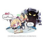  :3 animal_ear_headphones animal_ears apron blonde_hair blue_archive book bow character_name chibi commentary donmin_h dress english_commentary english_text fake_animal_ears hair_bow halo headphones long_sleeves lying maid_apron medium_hair midori_(blue_archive) midori_(maid)_(blue_archive) momoi_(blue_archive) momoi_(maid)_(blue_archive) multiple_girls no_nose no_shoes official_art on_side open_book open_mouth pink_halo smile speech_bubble white_apron yuuka_(blue_archive) 