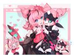 4:3 absurd_res angel angel_humanoid antennae_(anatomy) aria_(zenless_zone_zero) artist_name bent_arm black_choker black_clothing black_dress black_jewelry black_necklace black_wings blue_eyes blush bodily_fluids bow_(feature) breasts chibi choker clothing dotted_background dress face_to_face female female_humanoid green_eyes hair hair_between_eyes happy heart_symbol hi_res highlights_(coloring) humanoid jewelry jilan machine medium_breasts mihoyo necklace not_furry one_eye_closed open_mouth pattern_background pink_hair robot shy simple_background skull_accessory sleeveless_dress sparkles sparkling_eyes sweat text wings zenless_zone_zero