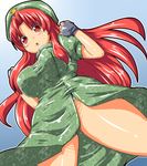  alternate_costume bad_id bad_pixiv_id blush breasts fingerless_gloves from_below futaba_suetsuki gloves hat hong_meiling large_breasts long_hair panties red_eyes red_hair solo touhou underwear 