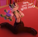 2026 3d_(artwork) 4_fingers ambiguous_gender amphibian anthro black_bottomwear black_clothing black_eyelids black_pants blurred_background bottomwear breasts brown_clothing brown_footwear brown_shoes cartoon_eyes clothed clothing corridor dialogue digital_media_(artwork) duo english_text eyebrows female feral feralized fingers floating_eyebrows footwear frog full-length_portrait glistening glistening_body glitch_productions green_body hand_behind_back hi_res inside jax_(tadc) kneeling lagomorph leporid looking_at_viewer male_(lore) mammal medium_breasts no_bra non-mammal_breasts open_clothing open_shirt open_topwear pants portrait rabbit ribbit_(tadc) rosoero shirt shoes size_difference smaller_ambiguous smaller_feral smile smiling_at_viewer talking_to_viewer text the_amazing_digital_circus topwear translucent translucent_clothing translucent_shirt translucent_topwear white_clothing white_shirt white_topwear wide_hips