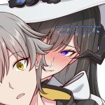  1boy 1girl black_hair black_horns blush caelus_(honkai:_star_rail) centauri-d commentary commission english_commentary english_text grey_hair hat heart heart-shaped_pupils honkai:_star_rail honkai_(series) horns mole mole_under_eye naughty_face open_mouth purple_eyes second-party_source seductive_smile simple_background smile symbol-shaped_pupils the_dahlia_(honkai:_star_rail) trailblazer_(honkai:_star_rail) white_background white_hat yellow_eyes 