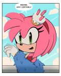 absurd_res accessory amy_rose anthro awkward2eleven cake comic dessert dialogue eulipotyphlan female food green_eyes headband hedgehog hi_res mammal pink_body rear_view sega solo sonic_the_hedgehog_(series) speech_bubble stole_(clothing)