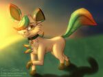 absurd_res brown_body brown_fur collar collar_only collar_tag digital_media_(artwork) digital_painting_(artwork) eeveelution eyewear fan_character feral field fluffy fur generation_4_pokemon glasses grass grass_field hi_res leaf leaf_hair leaf_tail leafeon light looking_at_viewer male morning nintendo nude painting_(artwork) plant plant_hair pokemon pokemon_(species) pseudo_hair shiny_pokemon sky skyscape smile solo stellaamoris sunlight tail tan_body tan_fur text url yellow_eyes