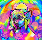 abby_(emergentmarkets) ambiguous_gender andromorph bangs_over_eyes bob_cut bright_colors emergentmarkets facial_piercing felid headshot_portrait hi_res humanoid intersex mammal neon nose_piercing not_furry piercing portrait septum_piercing simple_background snaggle_tooth solo