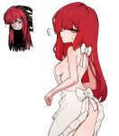  1girl apron ass bare_back blush bow breasts brown_eyes closed_mouth commentary_request cowboy_shot flying_sweatdrops from_side gauze gauze_over_eye highres limbus_company long_hair looking_at_viewer median_furrow medium_breasts multiple_views naked_apron otu_(o2h2_oh4) project_moon red_hair reference_inset sideboob simple_background smile solo standing white_apron white_background white_bow yuri_(project_moon) 