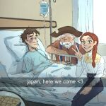  1girl 2boys amputee arm_hair bad_end beard bed black_pants braid brown_hair closed_eyes double_amputee english_text facial_hair food freckles green_eyes hair_over_shoulder hat hospital hospital_bed hospital_gown humanization injury intravenous_drip jessie_the_yodeling_cowgirl long_hair looking_at_viewer multiple_boys mustache old old_man old_woman on_bed oomelet pants pillow red_hair scar sheriff_woody shirt short_hair sitting smile stinky_pete suspenders thick_eyebrows toy_story toy_story_2 v wheelchair white_hair wrinkled_skin 