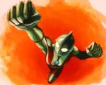  1boy alien arm_up clenched_hands color_timer colored_skin commentary compound_eyes dorsal_fin foreshortening from_above giant giant_male glowing glowing_eyes gun_gun_cut henshin knee_up looking_up male_focus multicolored_skin no_pupils outstretched_arm pectorals raised_fist red_background red_skin red_theme silver_skin simple_background solo tokusatsu toned toned_male two-tone_skin ultra_series ultraman ultraman_(1st_series) urasato white_eyes 