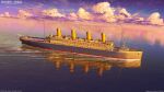  3d arsenixc bilingual_commentary blue_sky cloud commentary copyright_logo copyright_notice cruise_ship dated_commentary english_commentary highres logo mixed-language_commentary nikki_(series) no_humans ocean official_art realistic reflection reflective_liquid ripples scenery shining_nikki sky sunset vehicle_focus water 
