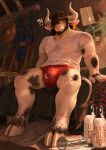 absurd_res anthro badroom barazoku bodily_fluids bovid bovine bulge cattle clothed clothing embarrassed erection facial_piercing genital_fluids hair hi_res hooves horn long_hair male mammal milk morning_wood muscular n.sam_asher nipple_piercing nipples nose_piercing nose_ring piercing precum ring_piercing sam_asher septum_piercing septum_ring solo tail tail_tuft tattoo topless tuft underwear wet wet_body wet_clothing wet_underwear