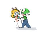 2023 anthro backwards_hat bam_ml biped blonde_hair blue_clothing blue_ear_piercing blue_eyes blue_overalls blush blushing_profusely bodily_fluids bottomless bottomless_anthro bottomless_female clothed clothed_anthro clothed_female clothed_male clothing crossover dancing digital_drawing_(artwork) digital_media_(artwork) duo ear_blush ear_piercing female female_anthro flat_chested flat_colors fully_clothed fully_clothed_anthro fully_clothed_male fur gem green_clothing green_hat green_headwear green_shirt green_topwear hair hand_holding hat headgear headwear korean_description lagomorph lidded_eyes long_ears long_hair looking_away looking_down male male/female male_anthro mammal mario_bros mario_plus_rabbids_kingdom_battle mario_plus_rabbids_sparks_of_hope mitten_hands motion_lines mouth_closed multicolored_body nintendo noseless overalls piercing pink_clothing pink_shirt pink_topwear ponytail pupils rabbid rabbid_luigi rabbid_peach raving_rabbids rayman_(series) red_tongue ruby_(gem) sapphire_(gem) shirt shy simple_background sweat sweatdrop tan_body tan_eyelids tan_skin tongue topwear two_tone_body ubisoft white_background white_body white_fur white_pupils white_sclera