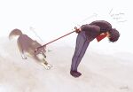  1boy artist_name clive_rosfield commentary dissidia_duellum_final_fantasy dissidia_final_fantasy english_commentary english_text final_fantasy grey_fur growling holding holding_leash leash leash_pull minicooly pulling signature torgal_(ff16) wolf 