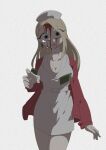  1girl 2025 blonde_hair blood blood_on_face blue_eyes breasts cleavage commentary_request crying crying_with_eyes_open hat jacket kuso_500t lisa_garland nurse nurse_cap red_jacket silent_hill_(series) silent_hill_1 simple_background skirt tears white_background 