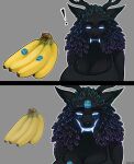american_mythology anthro antlers banana big_breasts bioluminescence black_body black_fur breasts chiquita_(brand) claws clothed clothing comic cryptid digital_media_(artwork) exclamation_point female female_anthro food fruit fur glowing glowing_eyes glowing_teeth grey_background half-length_portrait hi_res horn humor indigenous_north_american_mythology meme mythology north_american_mythology omnid plant pointy_ears portrait sharp_teeth shirt simple_background smile smiling_at_viewer solo starshade sticker stickers_on_body stickers_on_face stupid_sexy_cryptids tail tank_top teeth text topwear two_panel_image vitaly_s_alexius wendigo