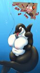 absurd_res anthro aquatic arttukorppu belly between_breasts big_breasts blush breasts cetacean dolphin domestic_cat duo electronics felid feline felis female headphones hi_res licking male mammal microphone nude oceanic_dolphin onomatopoeia orca sea seductive sound_effects text tongue toothed_whale underwater water