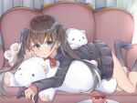  1girl :t ankle_socks arm_warmers black_jacket black_skirt black_socks blazer blue_eyes blue_ribbon bored bow bowtie brown_hair closed_mouth coffee collared_jacket commentary controller couch cup curtains eyelashes eyes_visible_through_hair foot_out_of_frame game_controller hair_ribbon holding holding_controller holding_game_controller indoors jacket light_blush living_room long_hair long_sleeves loose_hair_strand lying microskirt mug on_couch on_stomach original paw-shaped_pillow pink_arm_warmers pleated_skirt poe_(528yuzunon) pout red_bow red_bowtie ribbon school_uniform shirt skirt socks solo stuffed_animal stuffed_toy table teddy_bear twintails white_shirt 