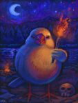 2026 3:4 3_claws 3_toes ambiguous_feral ambiguous_gender artist_name avian avian_feet beak biped bipedal_feral bird black_eyes bone campfire claws crescent_moon detailed_background digital_media_(artwork) digital_painting_(artwork) empty_eyes feathers feet feral fire front_view full-length_portrait glistening glistening_eyes hi_res holding_object holding_torch java_sparrow ka92 looking_at_viewer moon night outside painting_(artwork) passerine plant portrait shaded skull sky solo standing tail tail_feathers text toe_claws toes torch tree water white_body white_feathers