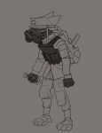 2026 ambiguous_gender anthro armor backpack body_armor bottomwear buttergug clothed clothing digitigrade furgonomic_headwear furgonomic_helmet furgonomics gas_mask grey_background greyscale gun half-closed_eyes headgear helmet hi_res holding_knife holding_object inheritor jacket knife lizard machine_gun mask monochrome narrowed_eyes pants project_silverfish ranged_weapon reptile scalie shin_guards simple_background solo standing topwear weapon