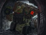 anthro armor building building_destruction bunker carnak_(carpo) claw_marks claws clothed clothing crocodile crocodilian destruction elkaart extreme_size_difference finger_claws fingerless_gloves fingers gear gloves green_body green_eyes handwear hi_res macro male muscular muscular_anthro muscular_male pecs reptile scalie size_difference solo suit tail teeth topwear tunnel water