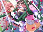  1girl 2000s_(style) :o bdsm blush bondage boots bound breasts cleavage day en_ciel_rena game_asset gloves grabbed_by_tentacles holding holding_polearm holding_shield holding_weapon kourin_tenshi_en_ciel_rena large_breasts long_hair non-web_source official_art open_mouth outdoors panties pantyshot petals pink_hair pink_thighhighs plant polearm saitou_natsuki self-datamine shield skirt solo tentacles thighhighs thorns tomoe_rena underwear variant_set vines visual_novel_cg weapon white_panties yellow_eyes 