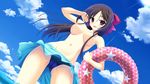  ama_ane aqua_sarong bikini bikini_skirt breasts brown_hair cameltoe cloud day game_cg hair_ribbon innertube kikurage_(plastic_people) large_breasts navel nipples purple_eyes ribbon sarong sky solo swimsuit topless wading yashima_otome 