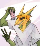 absurd_res anthro ears_back gemini_the_sergal gesture hand_gesture hi_res looking_at_viewer male monster_energy multi_arm multi_eye multi_limb multicolored_body pivoted_ears sleepymuzzle smile smiling_at_viewer solo teeth teeth_showing v_sign