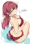  1girl absurdres artist_name ass back bikini breasts cleavage commentary_request frilled_bikini frills halterneck heterochromia highres holding_own_hair hololive houshou_marine irodori_drawpic large_breasts long_hair looking_at_viewer median_furrow red_bikini red_eyes red_hair simple_background sitting solo string_bikini swimsuit virtual_youtuber white_background yellow_eyes 
