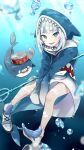  1girl air_bubble animal_costume animal_hood arms_between_legs bilingual_commentary bloop_(gawr_gura) blue_eyes blue_hoodie blue_shoes blue_streaks blurry blurry_foreground blush bubble commentary dot_nose english_commentary fins fish_tail floating full_body gawr_gura gawr_gura_(1st_costume) gradient_clothes gradient_jacket grey_hair highres holding holding_polearm holding_weapon hololive hololive_english hood hood_up hoodie jacket light_rays long_sleeves looking_at_viewer medium_hair mixed-language_commentary multicolored_hair open_mouth polearm print_socks shark_costume shark_girl shark_hood shark_print shark_tail sharp_teeth shoes sidelocks sleeves_past_fingers sleeves_past_wrists smile sneakers socks streaked_hair submerged sunbeam sunlight tail teeth trident two-tone_hair two-tone_hoodie two-tone_socks underwater unworn_shoes upper_teeth_only virtual_youtuber weapon white_shoes yuyaiyaui 