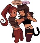  animal_ears belt belt_pouch black_hair black_shirt black_shorts blake_belladonna blue_eyes blush brown_hair brown_jacket brown_pants cat_ears cat_girl cat_tail cheribark crop_top cropped_legs dancing english_text eyelashes holding_hands ilia_amitola jacket long_hair midriff motion_lines navel open_mouth pants pantyhose ponytail pouch purple_pantyhose rwby shirt shorts smile speech_bubble spots tail teeth third-party_source upper_teeth_only white_belt yellow_eyes yuri 