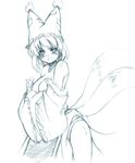  blush breasts cleavage fox_tail hat medium_breasts monochrome multiple_tails seo_tatsuya sketch solo tail touhou undressing yakumo_ran 