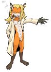 4_toes 5_fingers anthro balls bangs blonde_hair blue_eyes bottomless bottomless_male canid canine cigar cigar_in_mouth clothed clothing coat countershading ear_piercing ear_ring exposed extended_arm feet fingers flaccid foreskin fox frey_(mots) fur furrowed_eyebrows genitals grin hair hand_in_pocket hi_res hieronymusjohnson looking_at_viewer male mammal nipples no_underwear object_in_mouth open_trenchcoat orange_body orange_fur penis piercing pockets popped_collar prosthetic prosthetic_hand pubes ring_piercing robotic_hand sharp_teeth simple_background smile smoke solo standing teeth toes topwear trenchcoat unretracted_foreskin white_background