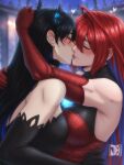  2girls ahoge armpit_peek asymmetrical_horns bare_shoulders black_dress black_gloves black_hair black_horns blue_fire blue_hair blush breasts cleavage closed_eyes closed_mouth colored_inner_hair commentary demon_horns dress elbow_gloves elizabeth_rose_bloodflame english_commentary face-to-face fire fire_on_chest flower gloves hair_ornament highres holding hololive hololive_english horn_flower horns hug huge_ahoge jasper_xandros kiss large_breasts long_hair looking_at_another mole mole_under_eye multicolored_hair multiple_girls nerissa_ravencroft red_dress red_gloves red_hair revision smile two-tone_hair uneven_horns very_long_hair virtual_youtuber yuri 