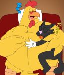 anthro avian bed bird bodily_fluids chicken clothing domestic_cat drooling duo ernie_the_giant_chicken eyes_closed family_guy felid feline felis furniture galliform gloves handwear hug male mammal open_mouth phasianid pillow pt80s0up saliva scratchy_(the_simpsons) sleeping sleeping_together sound_effects tongue tongue_out vowelless vowelless_sound_effect white_clothing white_gloves white_handwear zzz