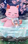  1girl amagi_brilliant_park armpits arms_up blush breasts cherry_blossoms closed_mouth collarbone commentary_request crescent elaina_(majo_no_tabitabi) grey_hair hair_between_eyes highres kazenokaze large_breasts looking_at_viewer majo_no_tabitabi night onsen outdoors petals pink_petals purple_eyes smile tiramii 