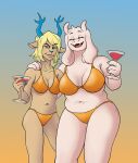 absurd_res anthro antlers bangs barbanova big_breasts bikini blonde_hair blue_eyes blue_nails blue_nose boss_monster_(undertale) bovid breasts caprine carol_holiday cellulite clothing cocktail_glass colored_nails container cup deer deltarune drinking_glass eyebrows eyelashes female fur glass glass_container glass_cup goat gold_bikini golden_week hair hand_on_shoulder hi_res holding_glass holding_object horn laugh long_eyelashes mammal mature_anthro mature_female medium_breasts nails new_world_deer raised_eyebrow reindeer slightly_chubby slightly_chubby_anthro slightly_chubby_female smile stretch_marks swimwear tan_body tan_fur tear_trough toriel two-piece_swimsuit undertale_(series) white_body white_fur