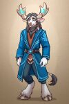 2:3 3_fingers adrigos anthro antlers blizzard_entertainment bottomwear bovid bovine clothed clothed_anthro clothed_male clothing fingers fur grey_hair hair hi_res highmountain_tauren honeymooo hooves horn jewelry male mammal necklace pants robe smile solo standing tauren warcraft white_body white_fur