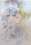 2girls :d absurdres bird_hat_ornament black_bow black_bowtie black_capelet black_hat blonde_hair blue_hair blue_necktie bonnet bow bowtie braid braided_hair_rings capelet closed_eyes collared_shirt commentary_request deerstalker flower frilled_capelet frilled_sleeves frills green_bonnet hair_bow hair_flower hair_ornament hair_rings hat hat_bow highres holding holding_magnifying_glass kiss long_hair long_sleeves magnifying_glass mahou_shoujo_no_majo_saiban multiple_girls napos_fokia necktie open_mouth shirt short_hair simple_background smile tachibana_sherry tono_hanna traditional_media twintails unworn_hat unworn_headwear upper_body white_background white_shirt wide_sleeves wings yellow_eyes yuri 